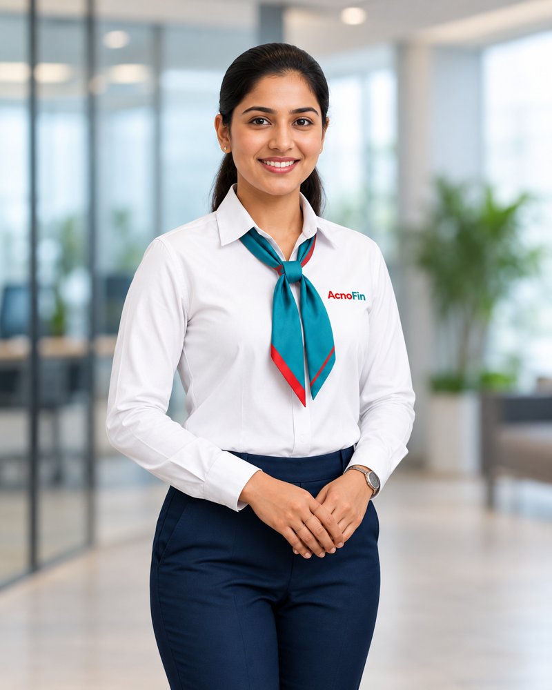 AcnoFin personal assistant in red teal uniform